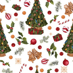 Watercolor Christmas seamless pattern with nutcracker, Christmas tree, clock, toys, floral, red flowers, branches, bells, isolated on transparent background, PNG files