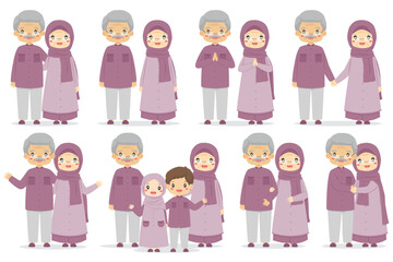 Happy Muslim grandparents in purple clothes with different gestures vector set. Muslim family characters vector set.