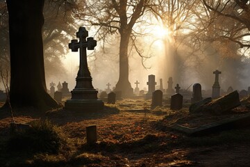 Fototapeta premium Gravestones in a cemetery at sunrise