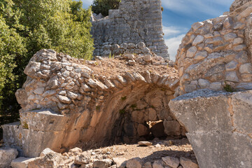 Remains  of stone buildings in the medieval fortress of Nimrod - Qalaat al-Subeiba located near the...