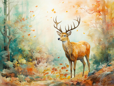 A deer in autumn forest calm and peacful in watercolor and acrylic style