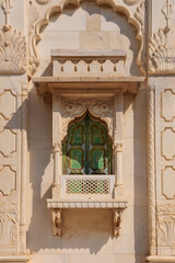 Marble ornate window on historic Jaswanth Thada cenotaph in Jodhpur, Rajasthan.