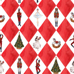 Watercolor Christmas seamless pattern with nutcracker, Christmas tree, clock, toys, floral, red flowers, branches, bells, isolated on transparent background, PNG files