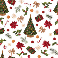 Watercolor Christmas seamless pattern with nutcracker, Christmas tree, clock, toys, floral, red flowers, branches, bells, isolated on transparent background, PNG files