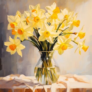 picture oil paints on a canvas: a bouquet of daffodils in a glass vase