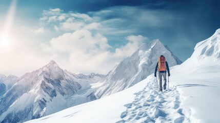 Hiker on snowy mountain pick at winter