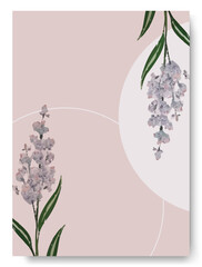 Hand painting of soft purple lavender arrangement on wedding invitation background. Rustic theme card invitation.