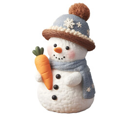 a snowman with a carrot in his nose and warm dressed, transparent background PNG