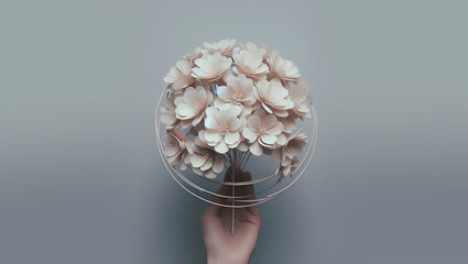 Artificial flower in hand, minimal gray background