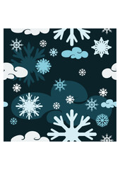 Editable Seamless Pattern Vector of Winter Snowflakes and Clouds With Dark Background for Decorative Element of Nature and Season Related Design