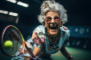 A happy woman with gray hair, wearing glasses, plays tennis with a racket and tennis ball on the courts