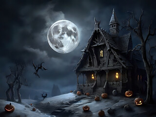 haunted house in the woods,night,house,halloween,moon,sky,illustration,vector,black,spooky,Ai generated 
