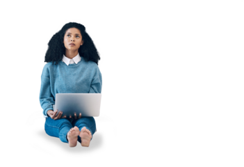 Laptop, thinking and idea with woman on floor for social media, news and research isolated on transparent png background. Relax, online project and technology, girl with insight for internet article.