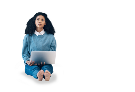 Laptop, thinking and idea with woman on floor for social media, news and research isolated on transparent png background. Relax, online project and technology, girl with insight for internet article.