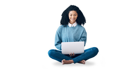 Laptop, learning and a black woman student isolated on a transparent background to study for...