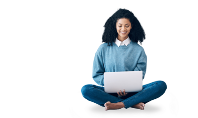 Laptop, learning and a black woman student isolated on a transparent background to study for university. Computer, education and research with a happy young college pupil on PNG for scholarship