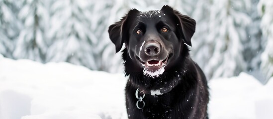 In the picturesque winter mountain setting a cute and funny black dog with sparkling eyes stood out against the pure white snow adding to the beauty of nature s background Its coat resemble - Powered by Adobe
