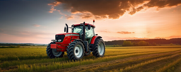 Farm equipment, tractor standing in the field. generative ai