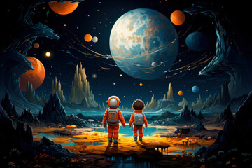 Young astronauts navigate uncharted space, adventures brought to life in enchanting illustration for a children's book - obrazy, fototapety, plakaty