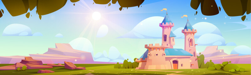 Princess castle fairytale landscape background. Magic medieval fairy tale kingdom palace building on green grass meadow with rock in fantasy valley. Summer wonderland nature with ancient king chateau © klyaksun