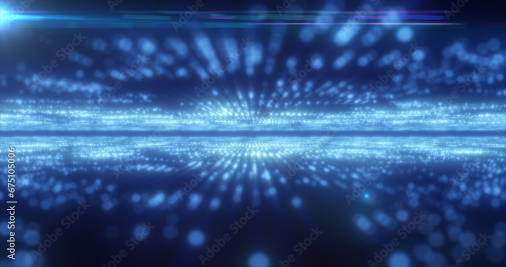 Poster abstract blue energy hi-tech lines and digital particles fly in a tunnel with bokeh effect glowing b