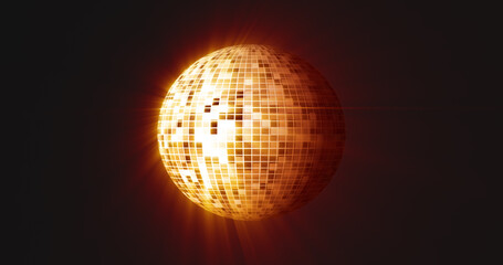 Abstract orange yellow mirrored spinning round disco ball for discos and dances in nightclubs 80s, 90s luminous background