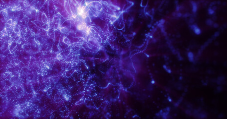 Blurred purple abstract background of bokeh and small round particles of energy magical holiday flying dots on a black background