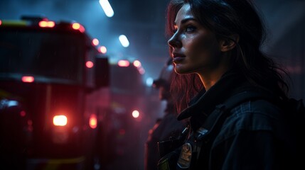 Fototapeta na wymiar female firefighter at night.