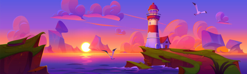 Lighthouse on rocky coast of ocean or sea during sunset or sunrise. Summer evening cartoon landscape of seashore with light beacon tower on cliff with grass, pink and purple gradient sky with clouds.