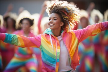 A happy girl with wavy hair, dressed in a rainbow-colored jacket, stands out among her classmates as part of a cheerleading group, engaging in physical exercises - 675105248