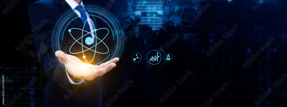Poster quantum computer technology. pioneering quantum innovation and ai advancements in the digital big da