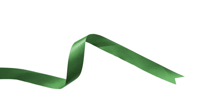 green ribbon on transparent background, PNG image.	