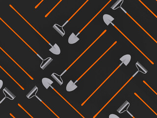the background consists of rows of blue shovels with orange cuttings and a rake on a dark gray background.view from above.3 d rendering of garden tools