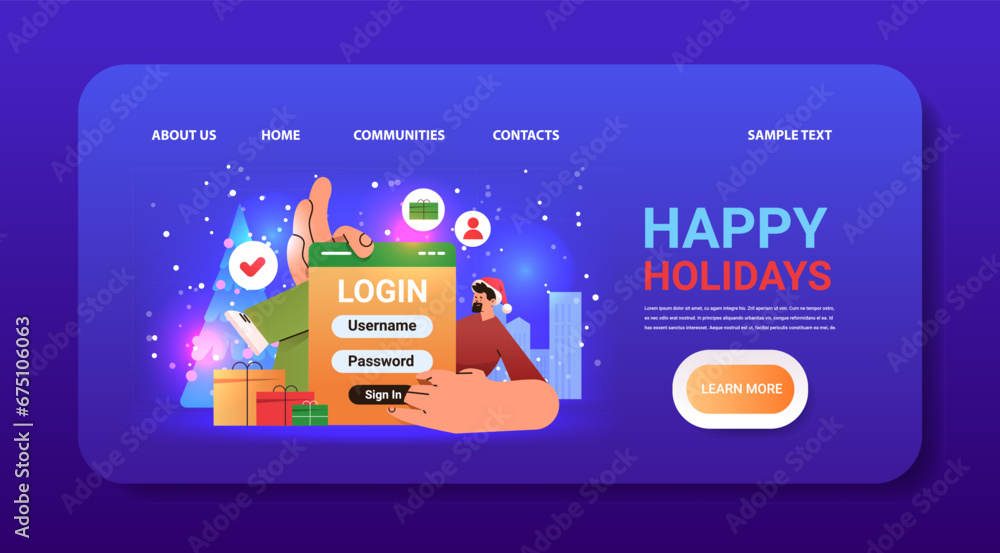 Poster man in santa hat login to social media app mobile or computer application users entering username an