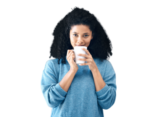 Woman, portrait and drinking coffee in cup for morning or caffeine isolated on a transparent PNG background. Happy female person or model with tea, espresso or warm beverage in relax for energy