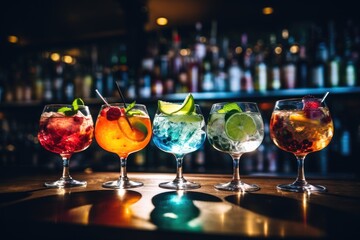 Colorful delicious alcoholic cocktails in glasses at the bar, fruit and berry drinks at the bar, party, cocktail list, promotion.