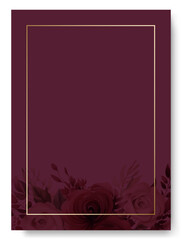 Arrangement of maroon rose flowers and leaves at corner frame hand painting on wedding invitation card