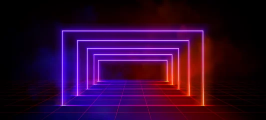 Deurstickers 3D led light portal perspective on grid background. Vector realistic illustration of blue and red neon rectangle arch, clouds of transparent smoke, retro wireframe landscape, 80s disco stage design © klyaksun