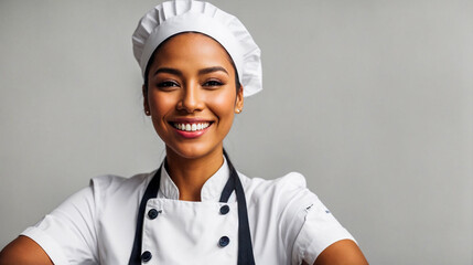 Smiling female chef, women owned business concept, a vivid colorful. isolated white on a background with copy space