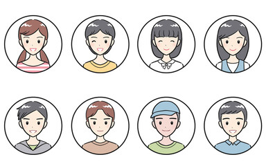 小学生の男子女子　ポジティブな表情　丸いアイコンセット　ホワイト