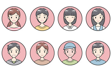 小学生の男子女子　ポジティブな表情　丸いアイコンセット　ピンク