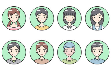 小学生の男子女子　ポジティブな表情　丸いアイコンセット　グリーン