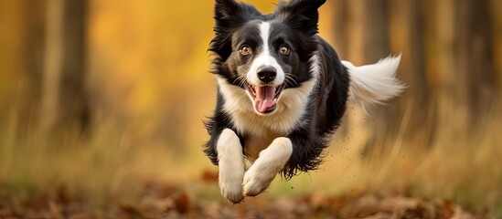 In the park an adorable black and white Border Collie a fast and happy canine was seen running unleashed enjoying the outdoor surroundings