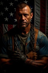 A proud man dons his work uniform, standing before the American flag, embodying patriotic spirit.