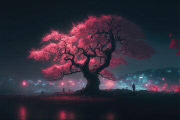 AI-generated illustration of a tree with pink branches foggy night cityscape and dark sky background