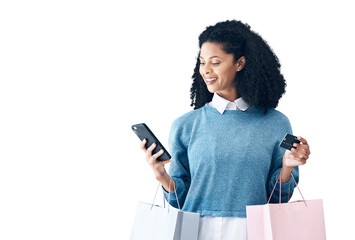Happy woman, phone and credit card with shopping bag for ecommerce isolated on a transparent PNG...