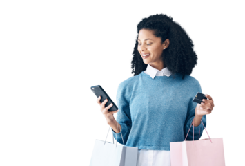Happy woman, phone and credit card with shopping bag for ecommerce isolated on a transparent PNG background. Female person or shopper smile on mobile smartphone for online banking, payment or buying