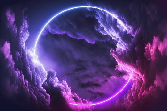 AI generated illustration of a magnificent cosmic wormhole portal with purple clouds