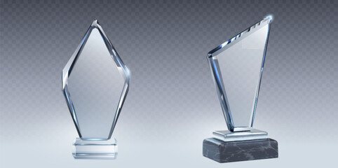 Set of 3D glass trophies isolated on transparent background. Vector realistic illustration of abstract rhombus shape winner awards on plastic, stone platforms, champion prize for best contest result - obrazy, fototapety, plakaty
