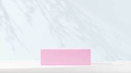 Display product stand, Pink block podium on light blue background with nature light shadow. 3D rendering illustration